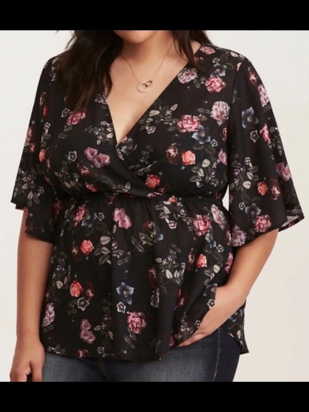 EUC Torrid Size 2 Black Floral Surplice Blouse